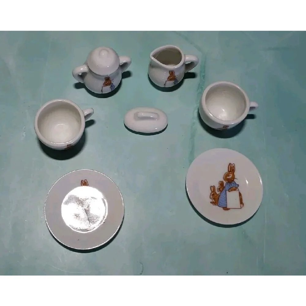 Porcelain Tea Set Miniature 1974 Rabbit Family Easter Taiwan Vintage 8 Piece